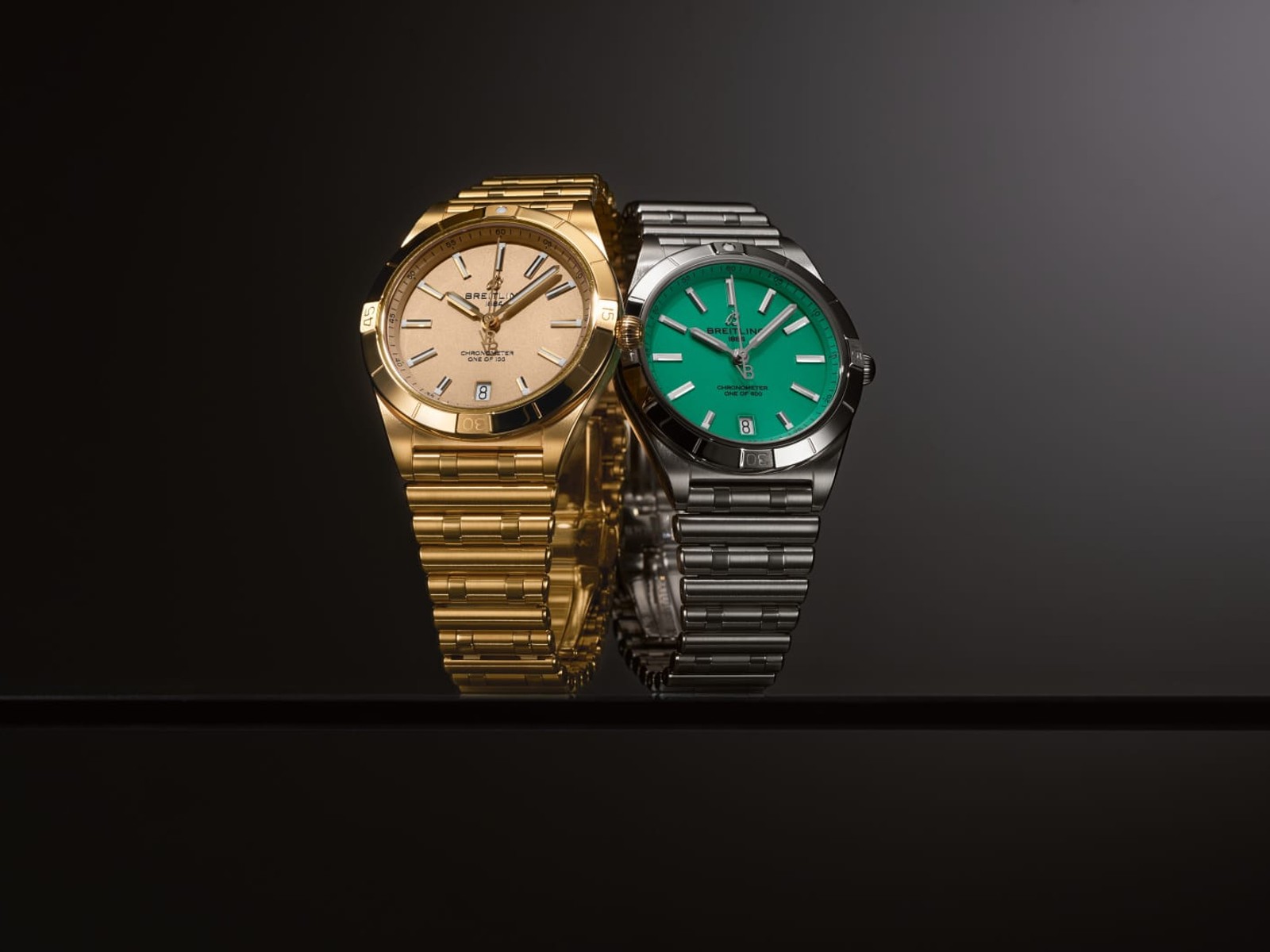 Two Victoria Beckham Breitling Chronomat 36 watches in yellow gold and steel