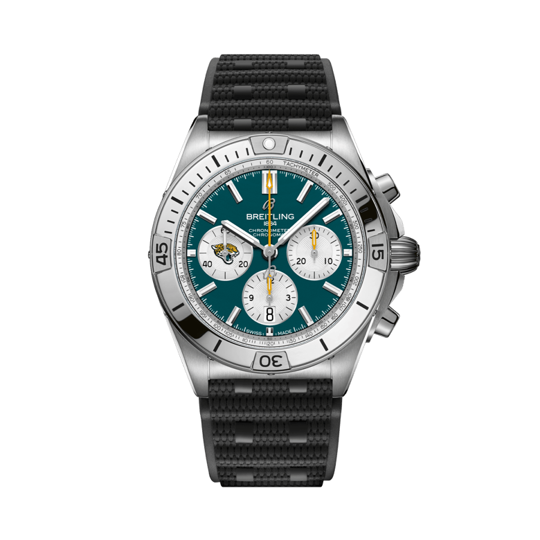 Chronomat B01 42 NFL Jacksonville Jaguars Edition, reference AB01342B1L3S1. Link to product details.