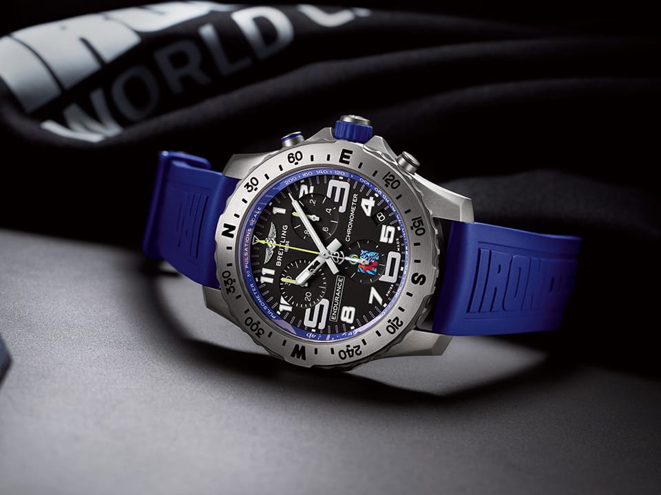 Close-up of the limited-edition Breitling Endurance Pro 44 with blue strap for the current Ironman competition season